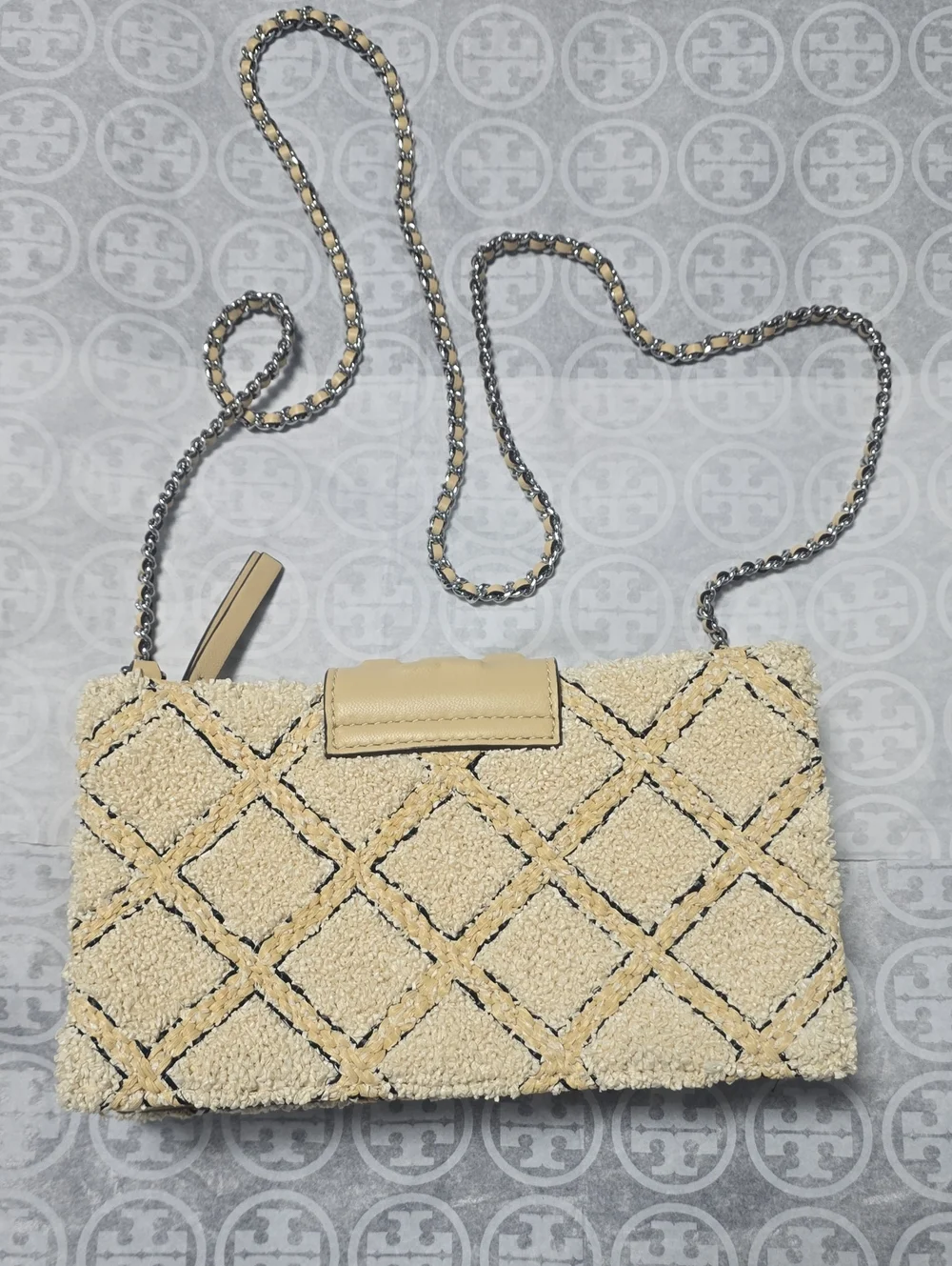 Tory Burch Cream Quilted Shearling Crossbody with Chain Strap